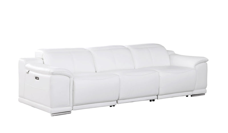 107" White Italian Leather Reclining USB Sofa - Living Room