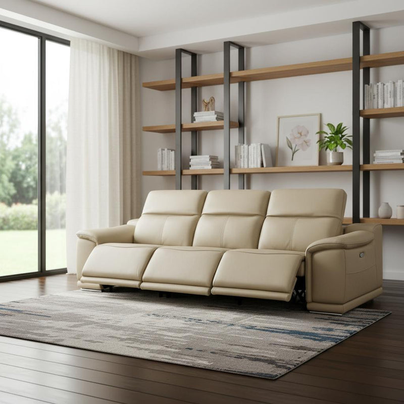 107" Beige Italian Leather Reclining USB Sofa - Living Room