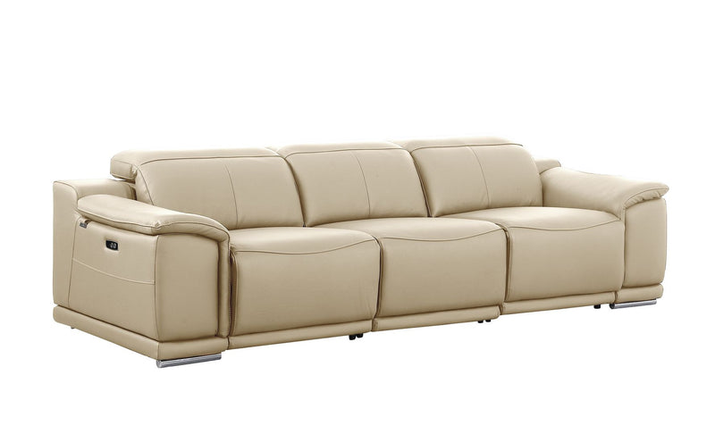 107" Beige Italian Leather Reclining USB Sofa - Living Room