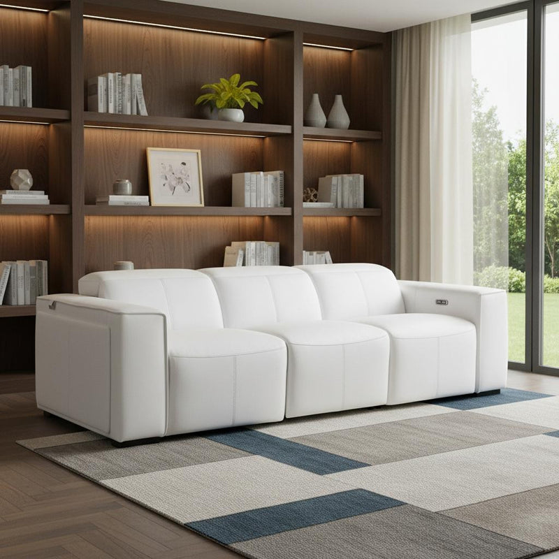 104" White Italian Leather Reclining USB Sofa And Storage - Living Room