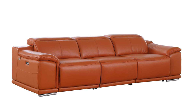 107" Camel Italian Leather Reclining USB Sofa - Living Room