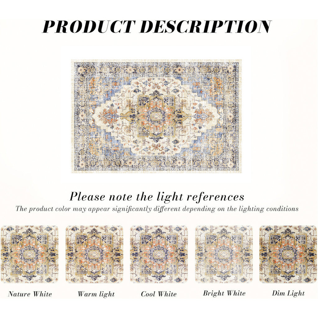 5' X 7' Ivory Blue And Orange Medallion Washable Area Rug - Home & Garden