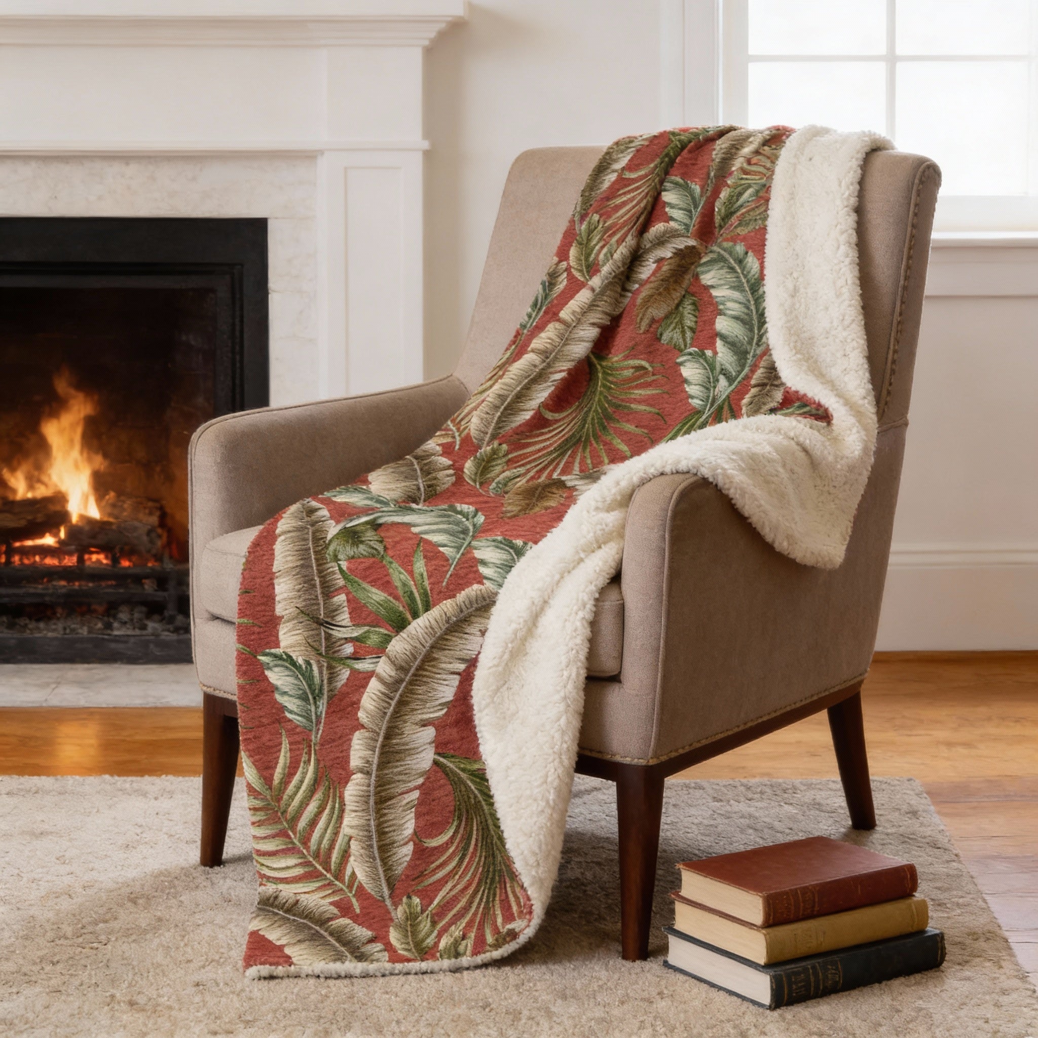 50" X 70" Rust Green And Beige Microfiber Leaves Plush Throw Blanket - Home & Garden