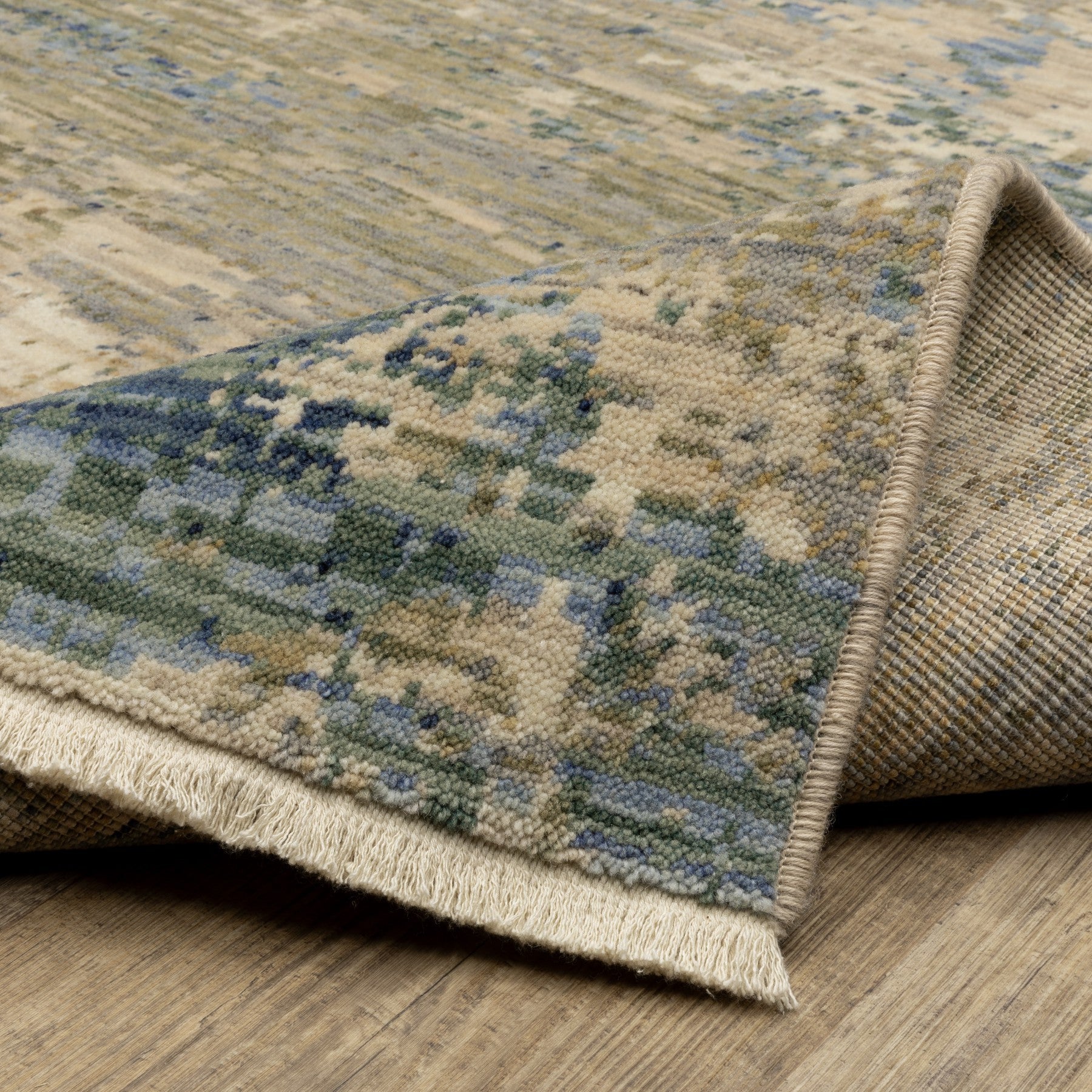 10' X 13' Beige And Blue Abstract Area Rug With Fringe - Home & Garden