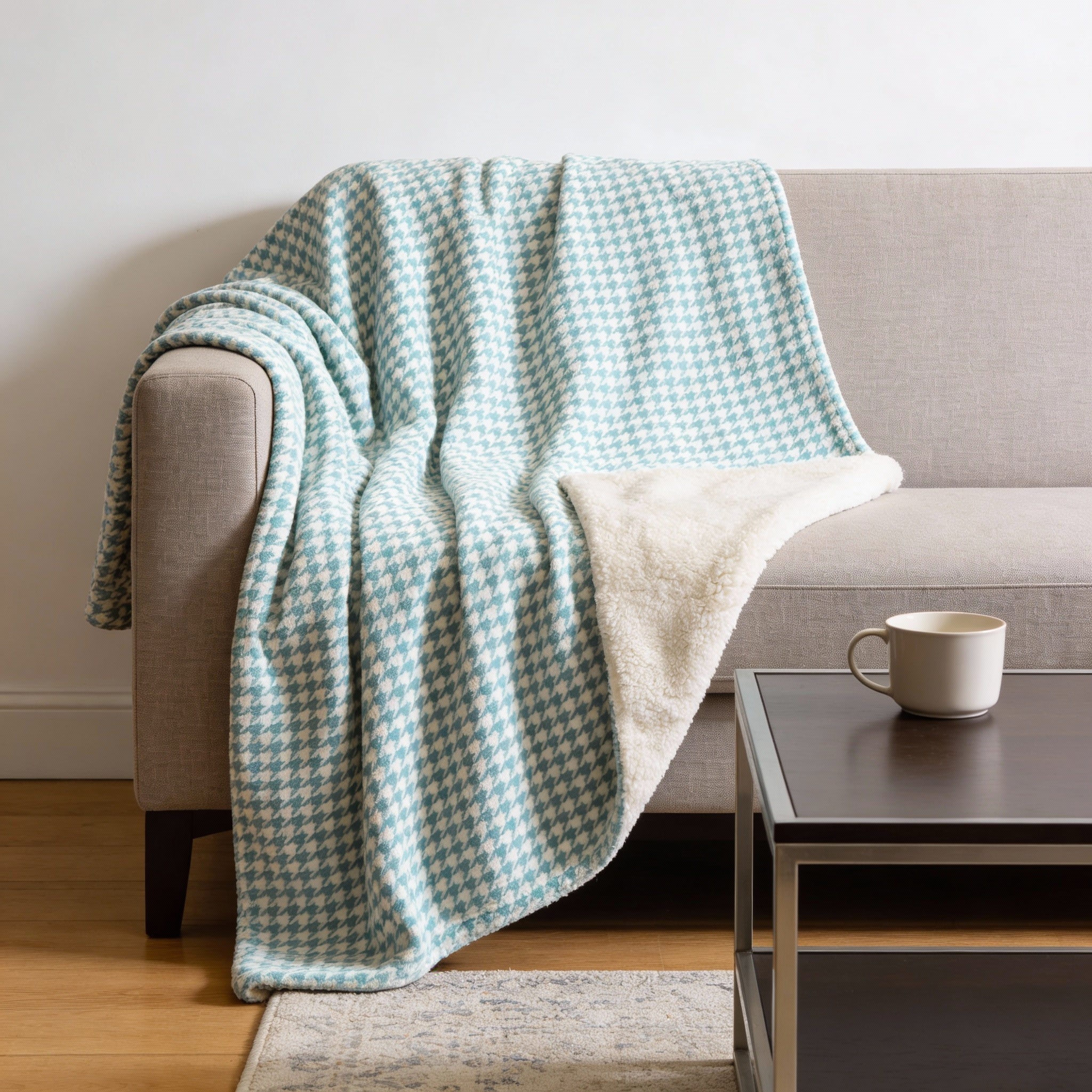 50" X 70" Aqua And White Microfiber Houndstooth Plush Throw Blanket - Home & Garden