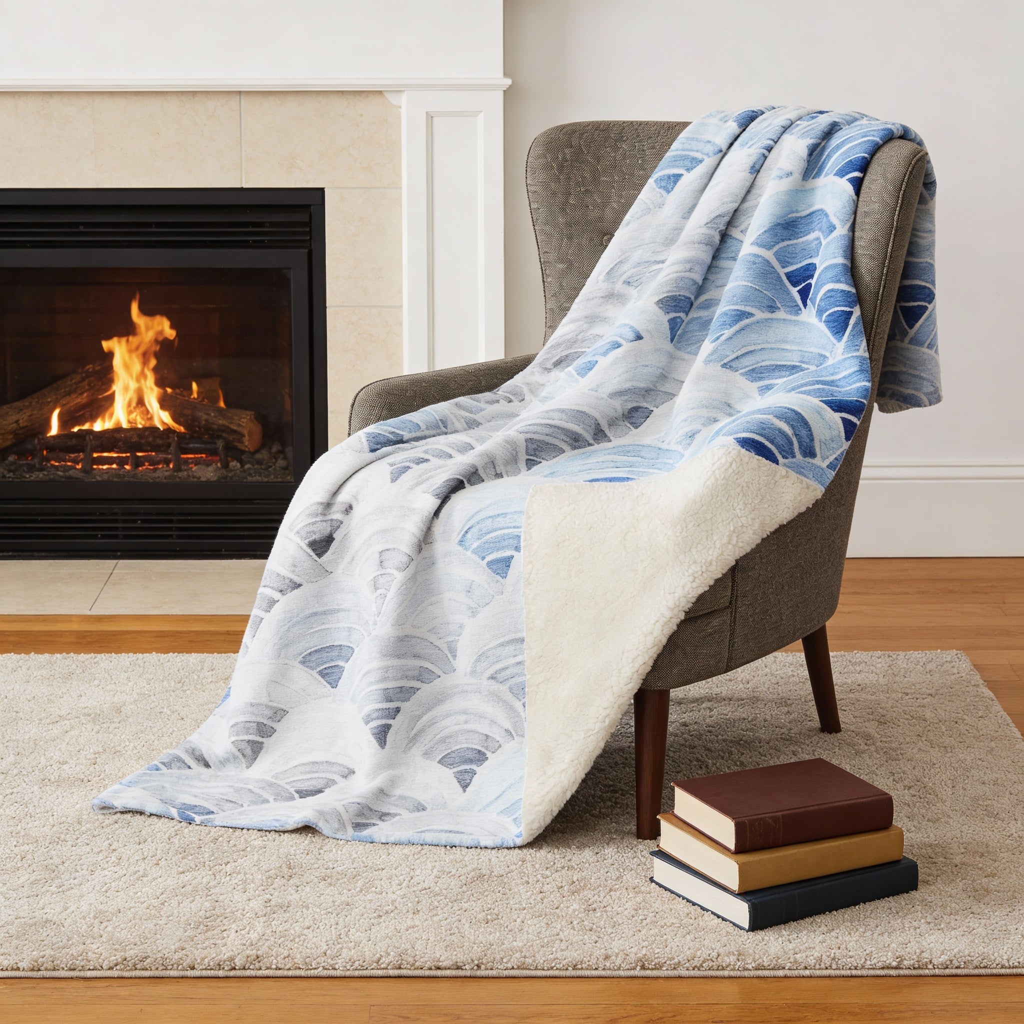 50" X 70" Blue And Ivory Microfiber Coastal Seashell Plush Throw Blanket - Home & Garden