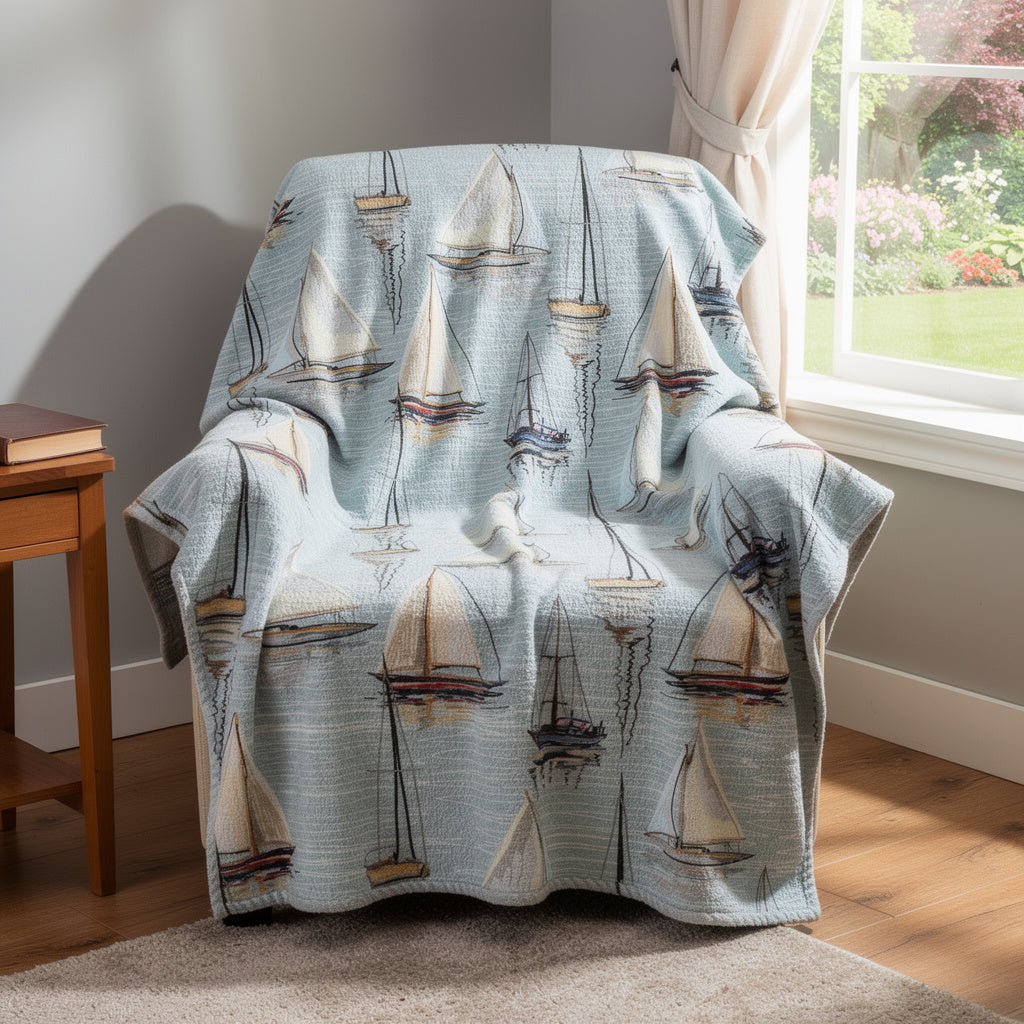 50" X 70" Beige Ivory And Sky Blue Sailboat Microfiber Plush Throw Blanket - Home & Garden