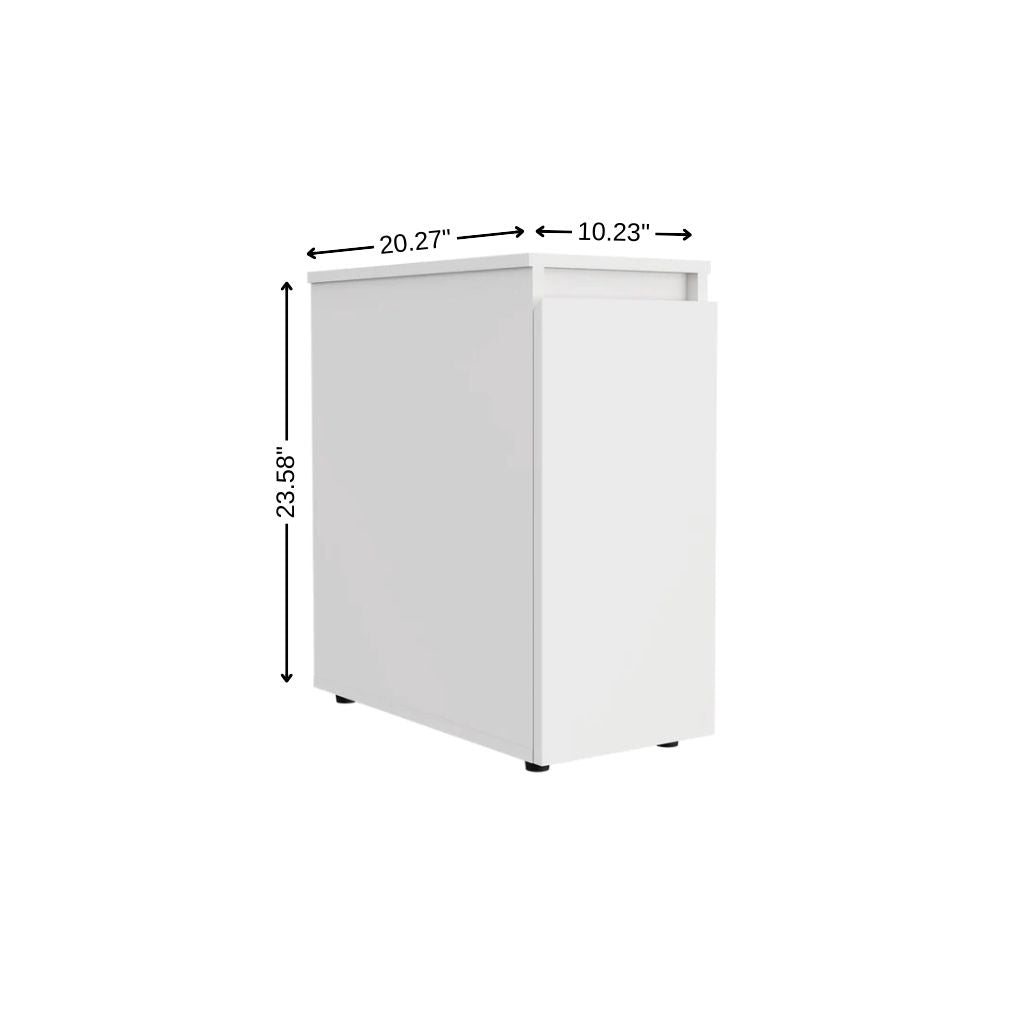 White freestanding bathroom vanity cabinet, side view, double doors
