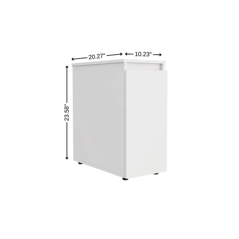 White freestanding bathroom vanity cabinet, side view, double doors