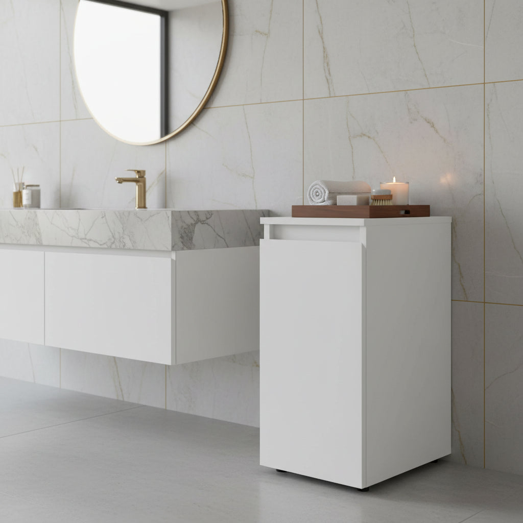 White freestanding bathroom vanity cabinet with upper ledge and base storage