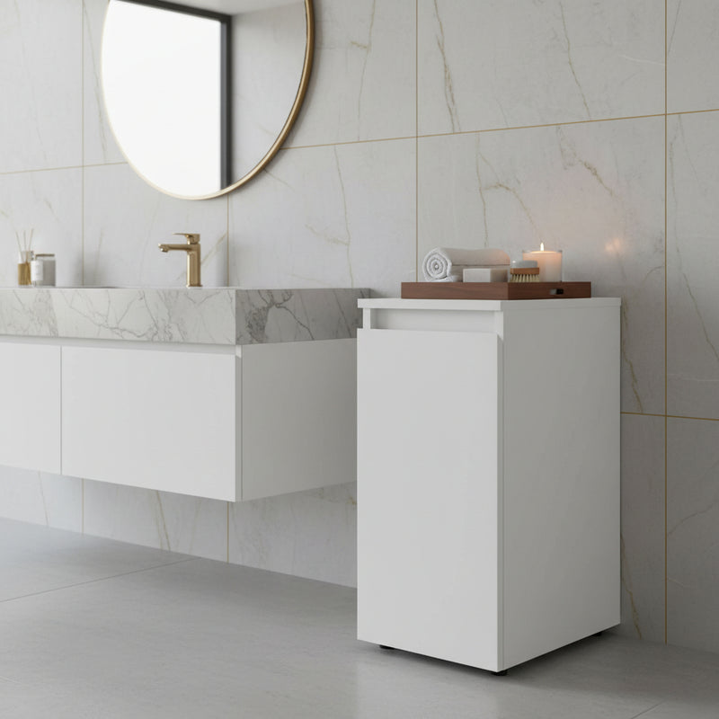 White freestanding bathroom vanity cabinet with upper ledge and base storage