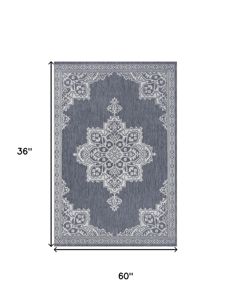 Blue and cream medallion area rug, 60 in by 36 in, framed border