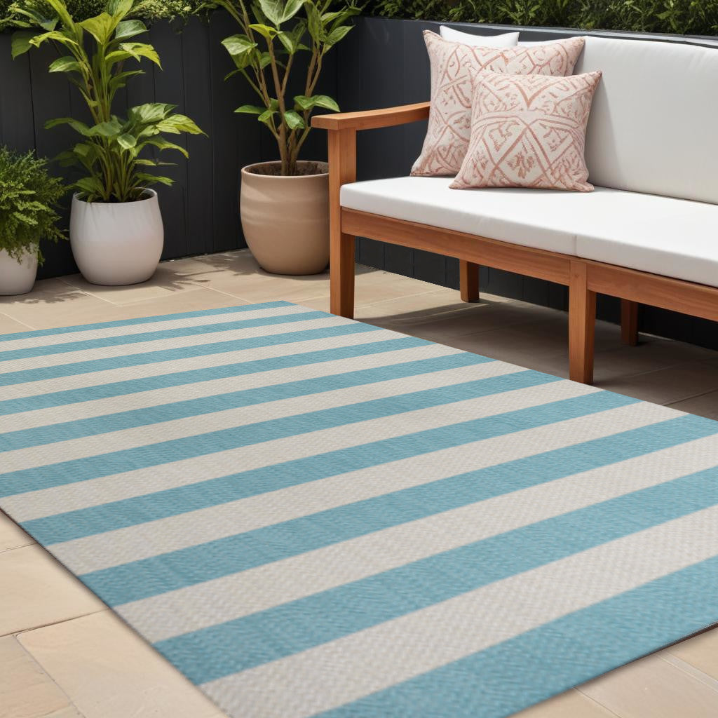 8' X 10' Aqua And Cream Striped Indoor Outdoor Area Rug - Sports & Outdoor