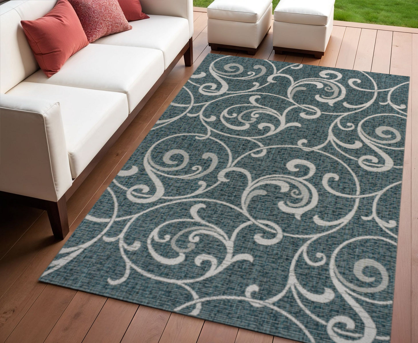 4' X 6' Turquoise And Cream Floral Indoor Outdoor Area Rug - Sports & Outdoor