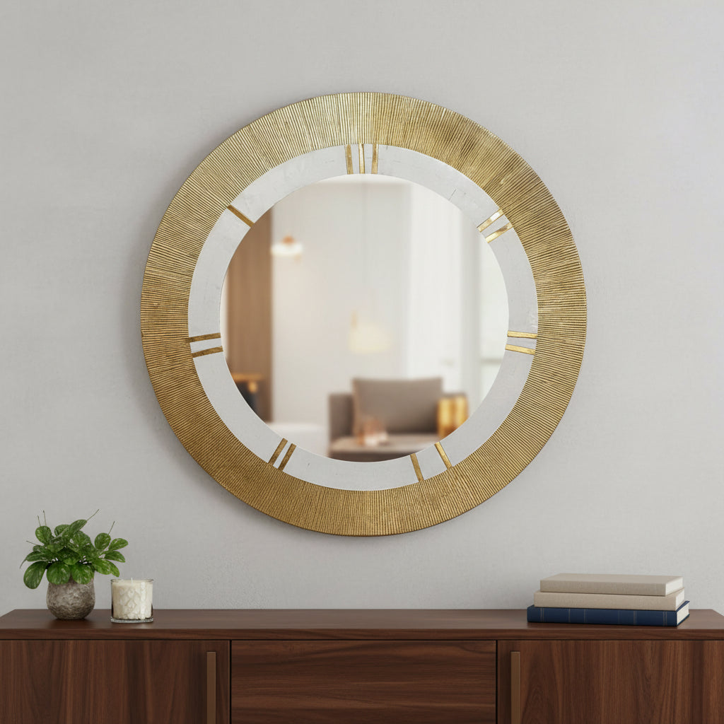 36" Gold and White Round Aluminum Ribbed Edge Framed Accent Mirror - Bed & Bath