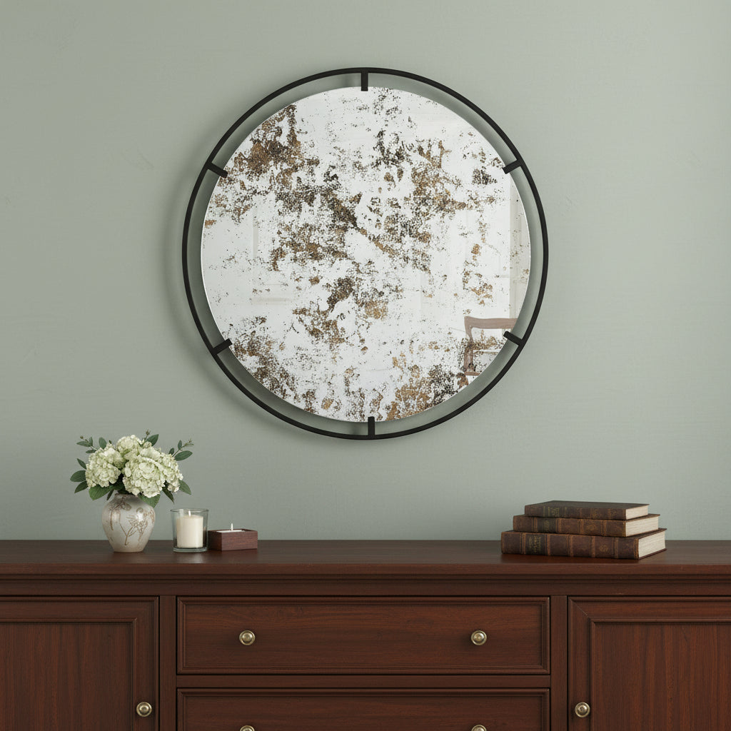 32" Black Round Iron Framed Accent Mirror - Bed & Bath
