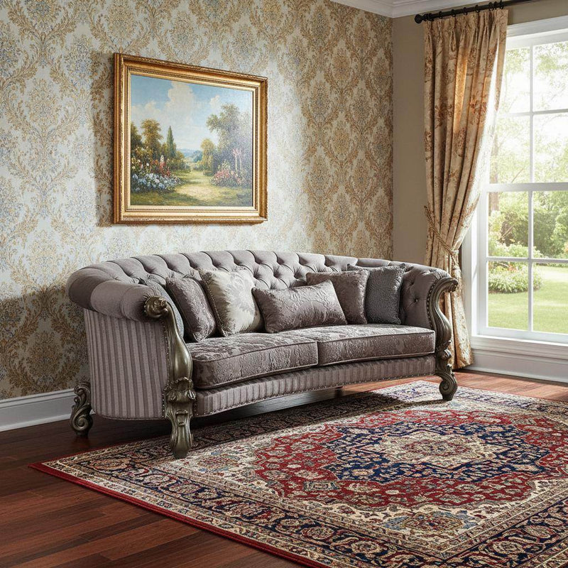 55" Gray Velvet Curved Floral Sofa And Toss Pillows With Champagne Legs - Living Room