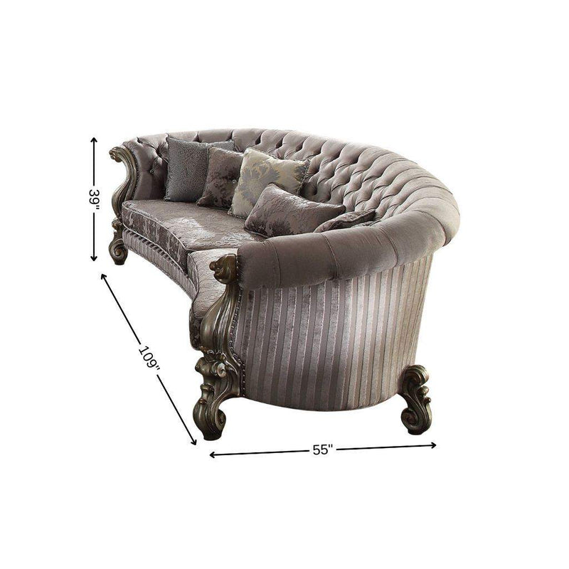 55" Gray Velvet Curved Floral Sofa And Toss Pillows With Champagne Legs - Living Room