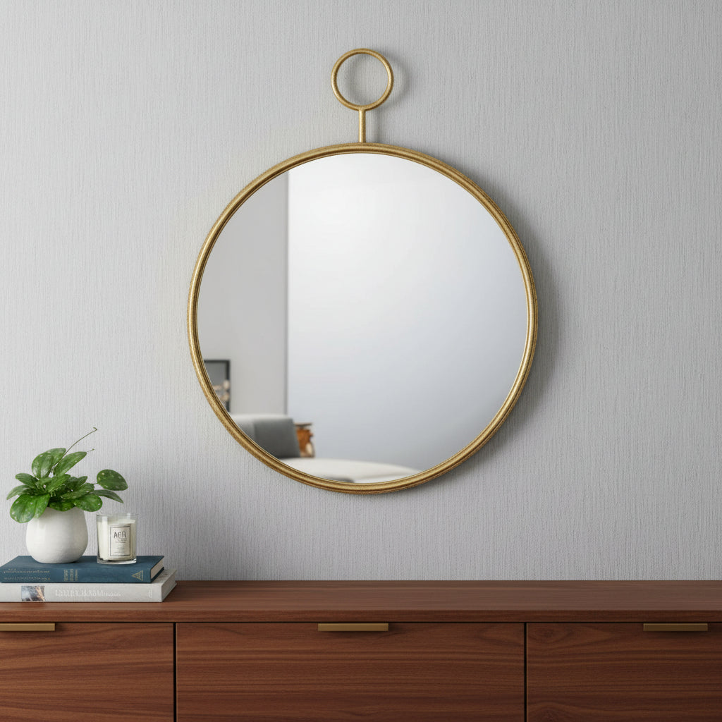 32" Gold Round Iron Framed Accent Mirror - Bed & Bath