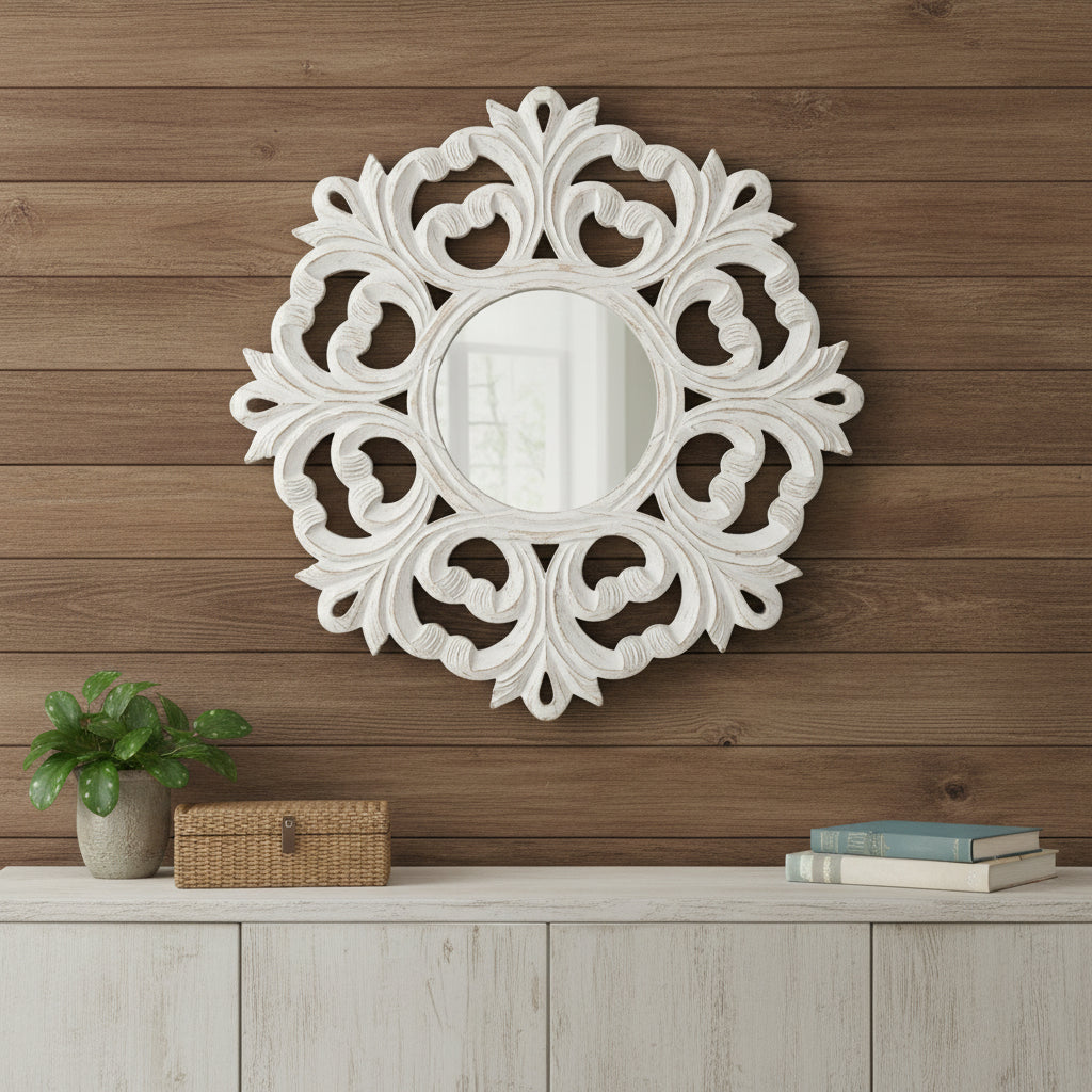 24" White Floral Scrollwork Distressed Round Framed Accent Mirror - Bed & Bath