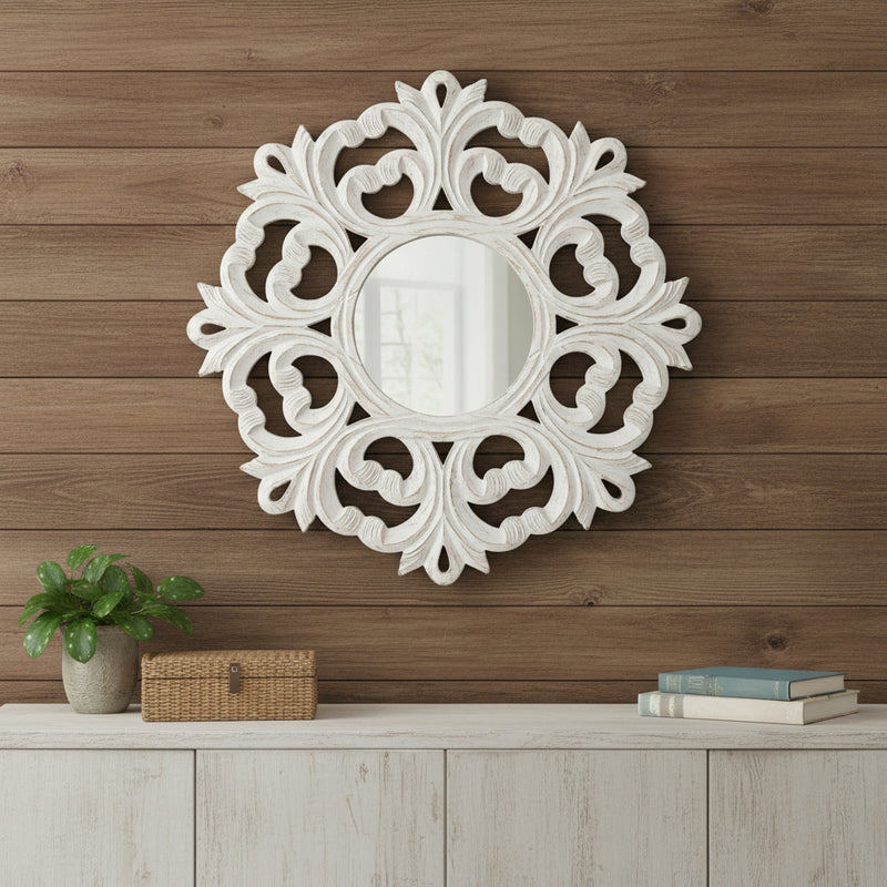 24" White Floral Scrollwork Distressed Round Framed Accent Mirror - Bed & Bath