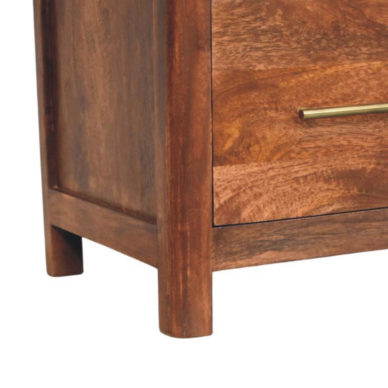 Brown solid wood nightstand corner with tapered legs and drawer pull detail.