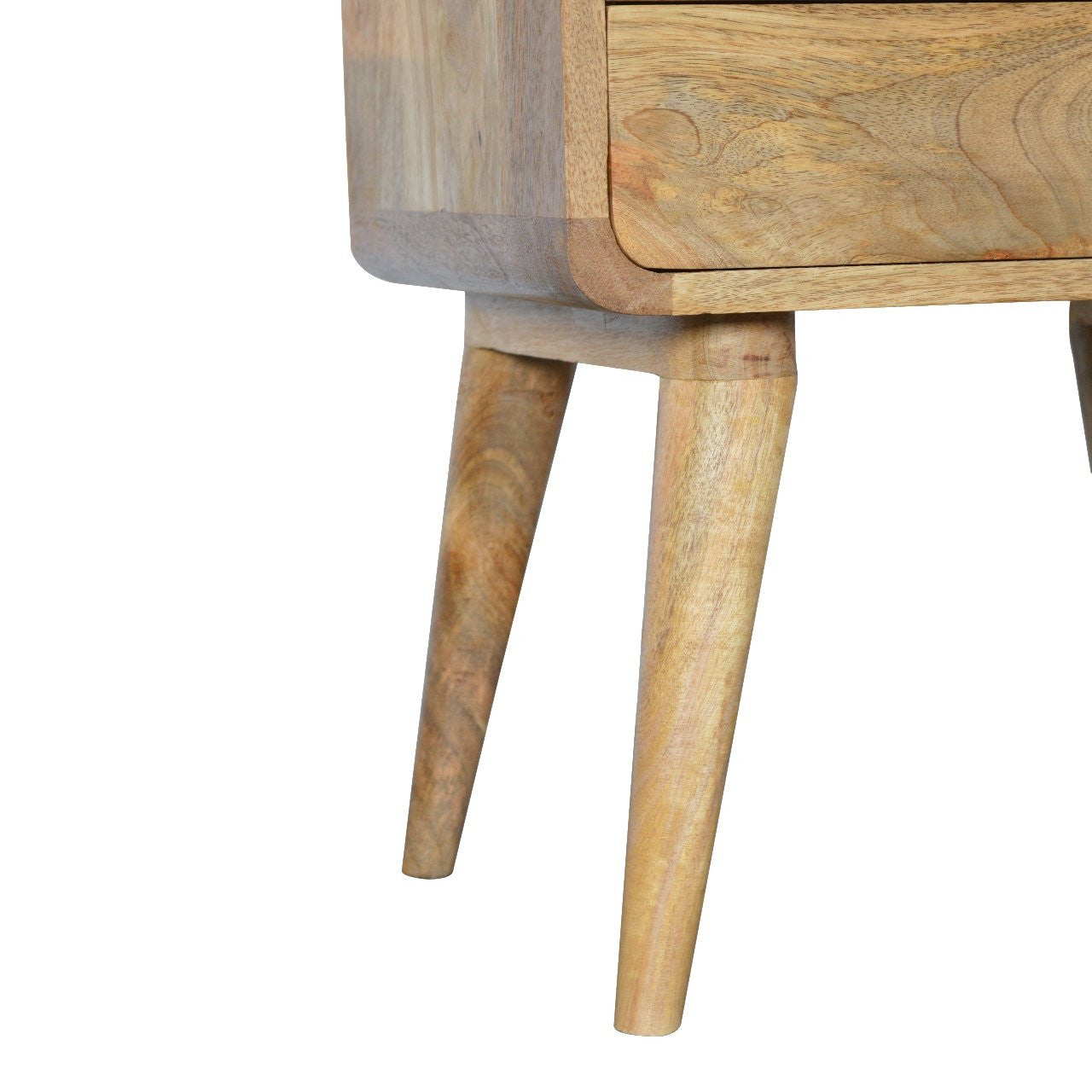 Oak nightstand with tapered legs and curved drawer front edge with metal pull
