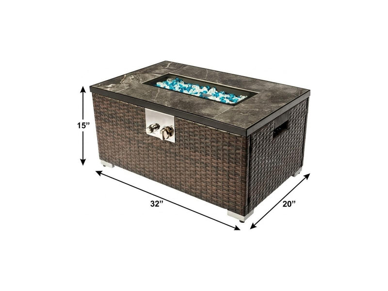 Brown rattan propane fire pit table, rectangular with stone top and glass flame bed