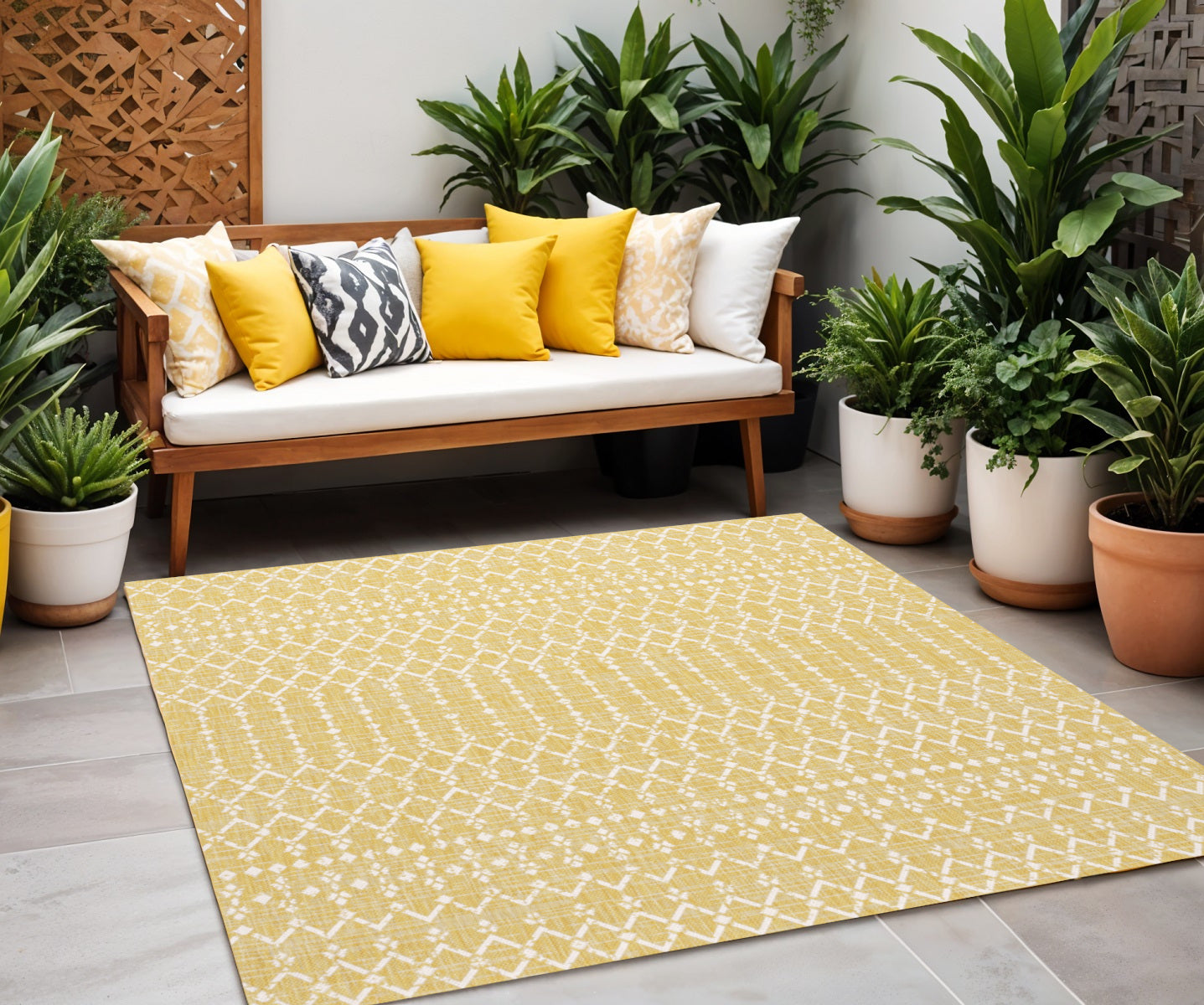 5' Yellow And Cream Square Trellis Indoor Outdoor Area Rug - Outdoor | blocked-out-of-stock, Outdoor, sync-blocked