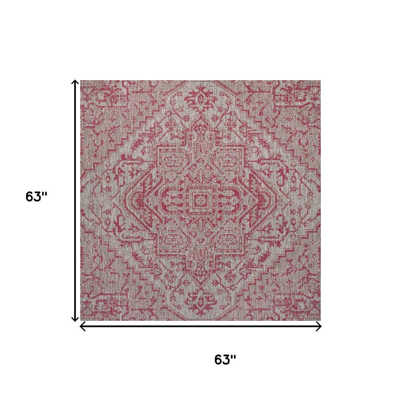 Square rug design in light gray with fuchsia medallion pattern
