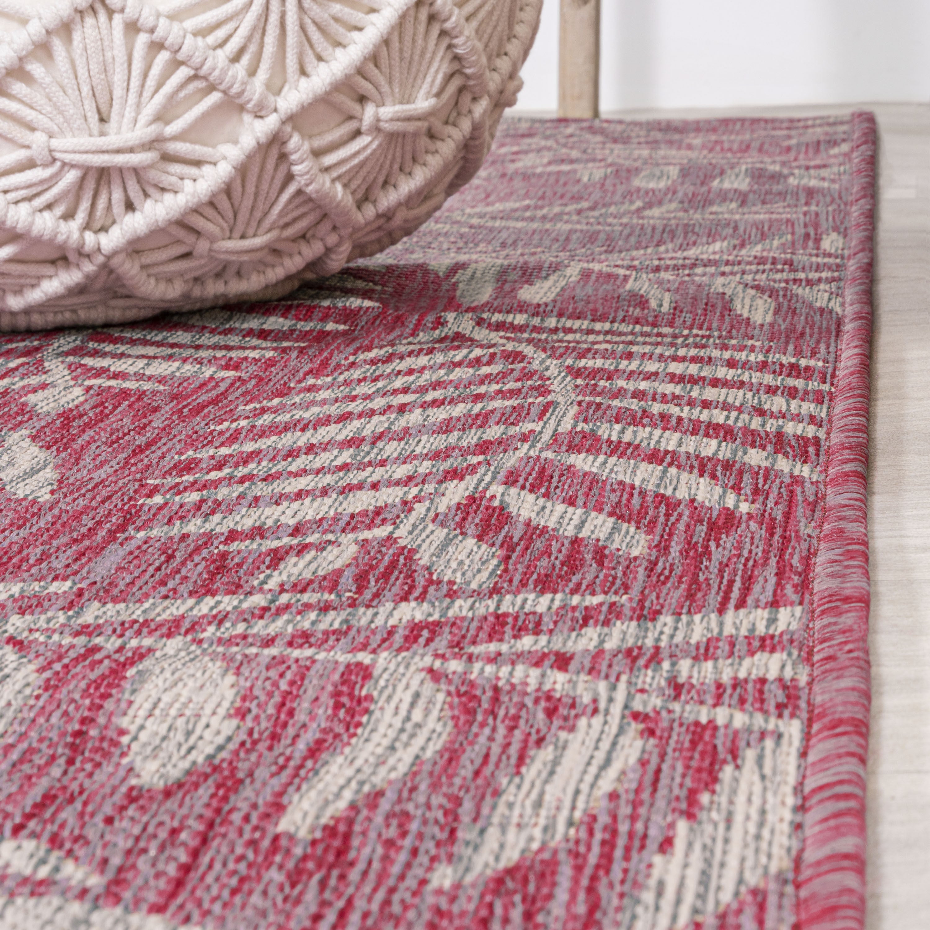 8' Fuchsia And Light Gray Floral Indoor Outdoor Runner Rug - Sports & Outdoor
