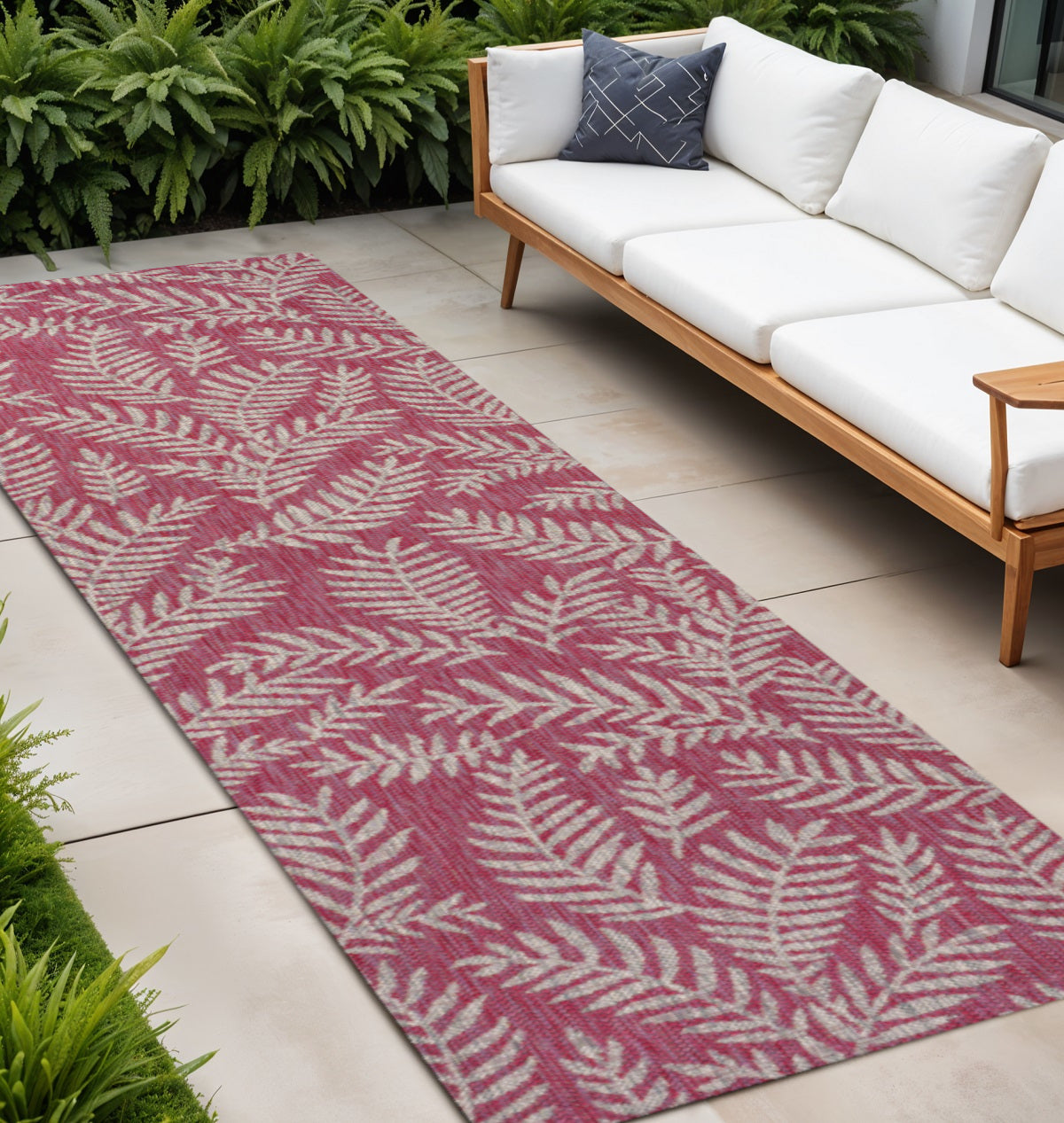 8' Fuchsia And Light Gray Floral Indoor Outdoor Runner Rug - Sports & Outdoor