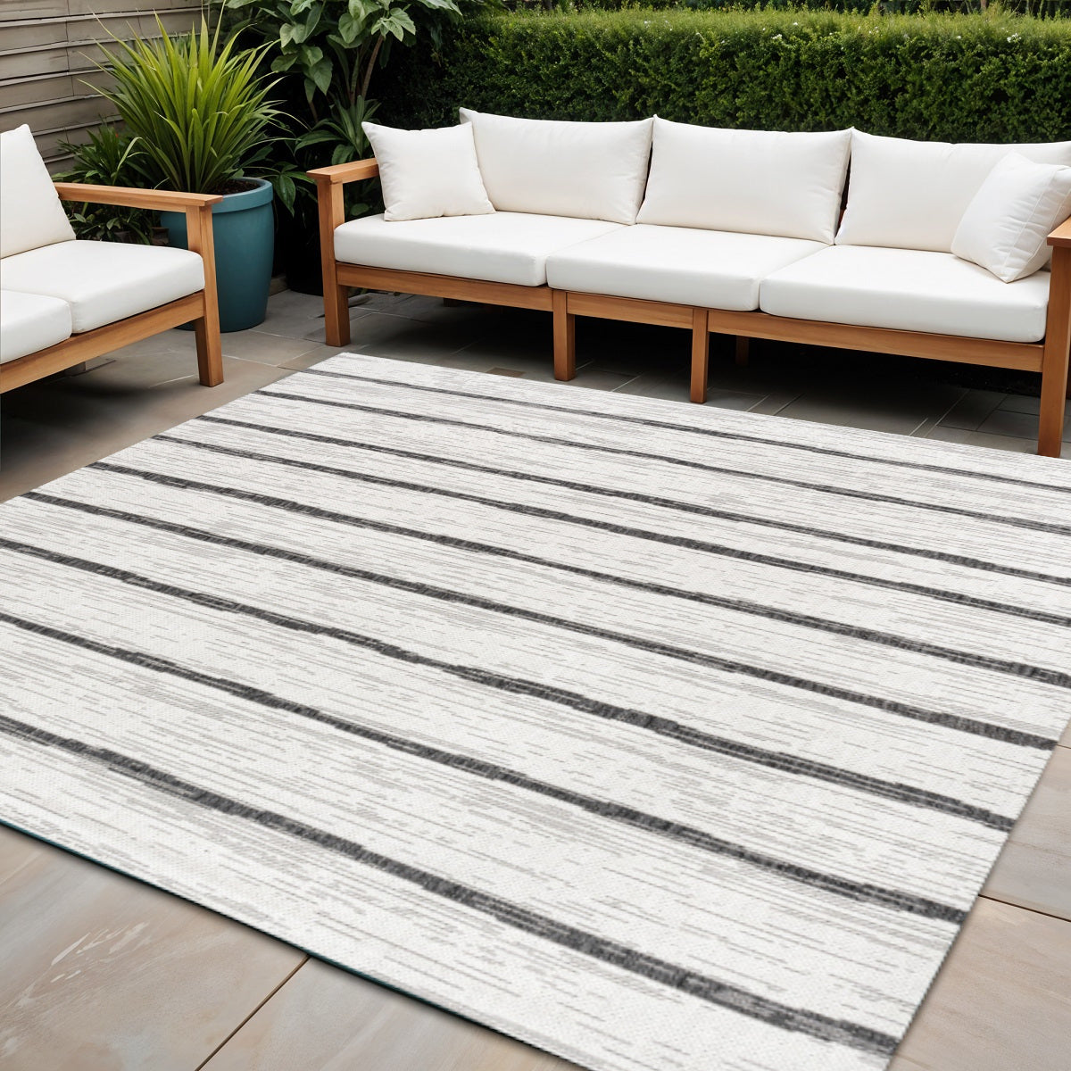 5' Ivory And Black Square Striped Indoor Outdoor Area Rug - Sports & Outdoor