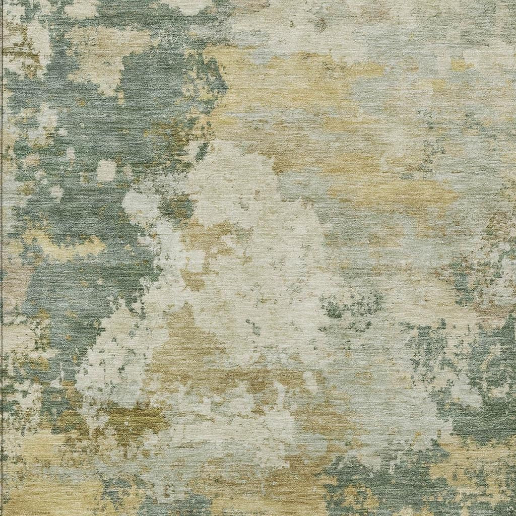 3' X 5' Artichoke Green Gold And Ivory Abstract Washable Indoor Outdoor Area Rug - Sports & Outdoor