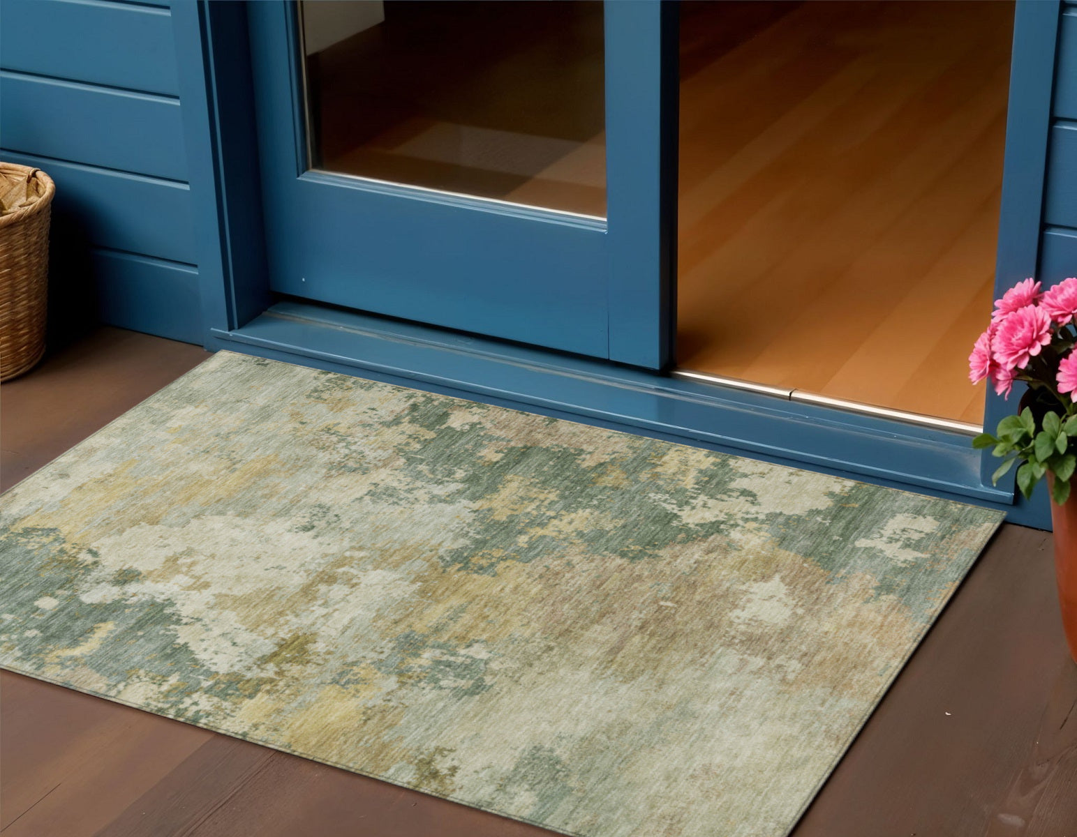 3' X 5' Artichoke Green Gold And Ivory Abstract Washable Indoor Outdoor Area Rug - Sports & Outdoor