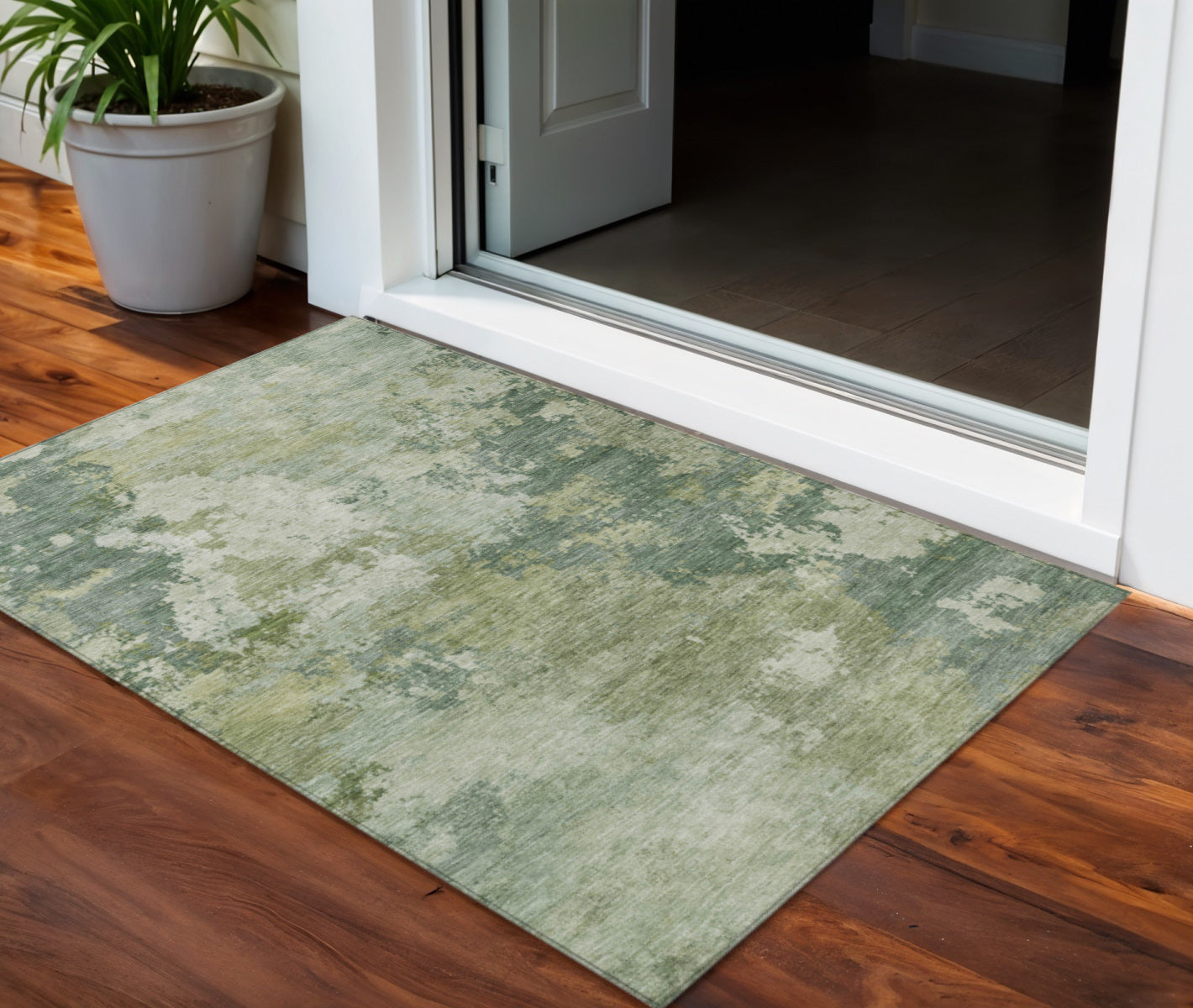 3' X 5' Fern Green And Ivory Abstract Washable Indoor Outdoor Area Rug - Sports & Outdoor