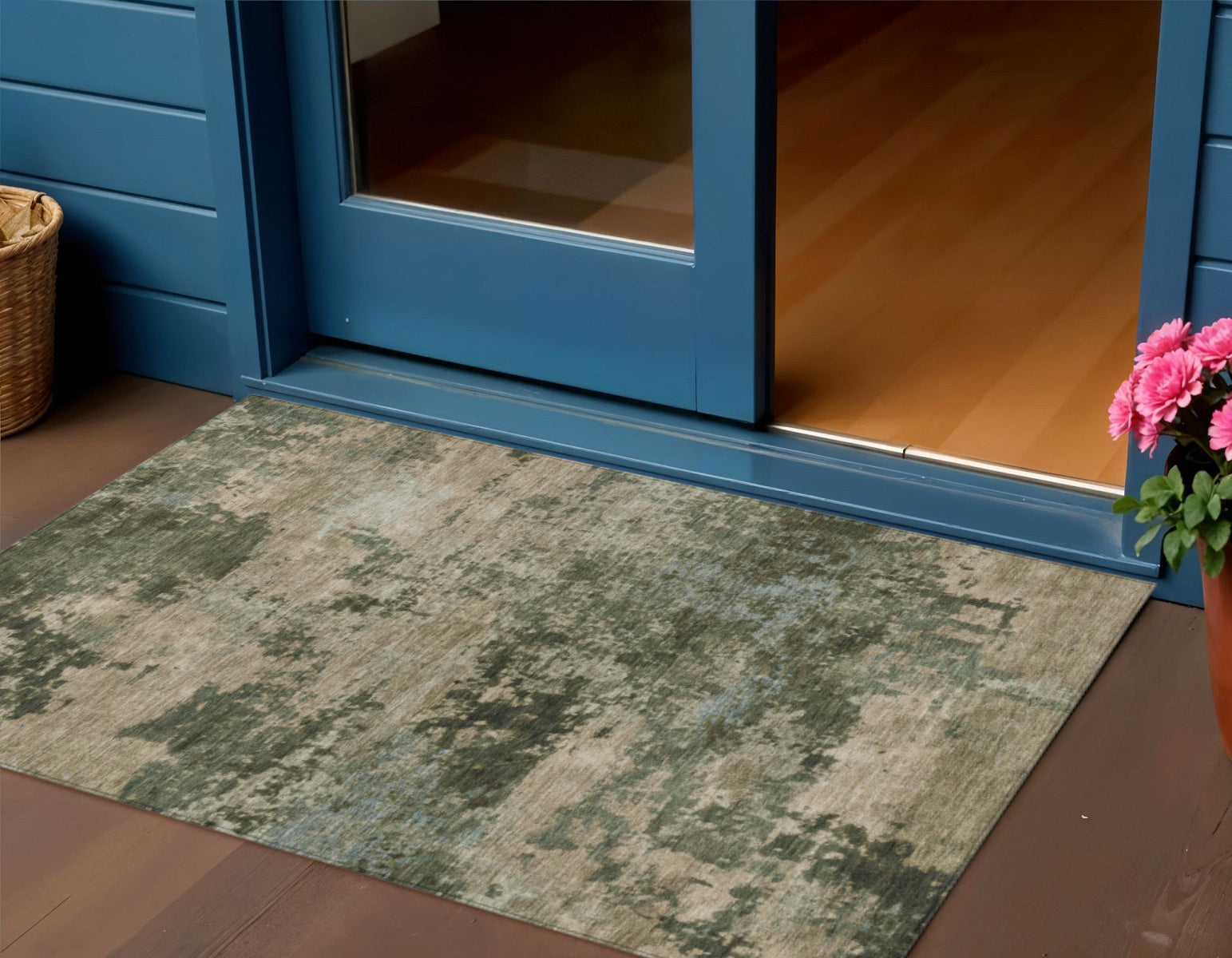 3' X 5' Olive Green And Beige Abstract Washable Indoor Outdoor Area Rug - Sports & Outdoor