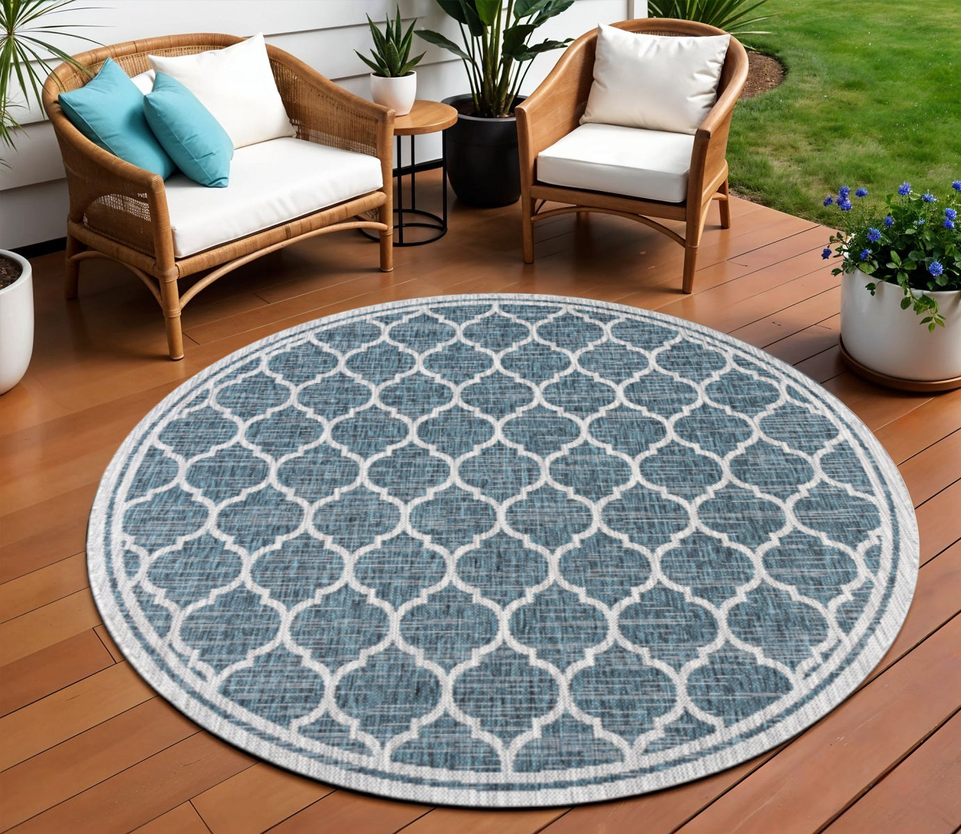8' Teal Blue And Gray Round Geometric Indoor Outdoor Area Rug - Sports & Outdoor