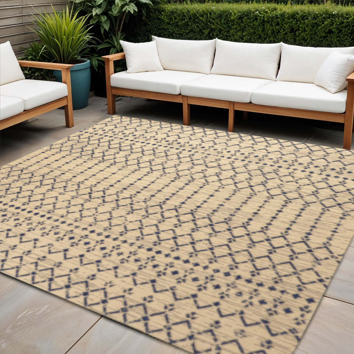 4' Beige And Navy Blue Square Trellis Indoor Outdoor Area Rug - Sports & Outdoor