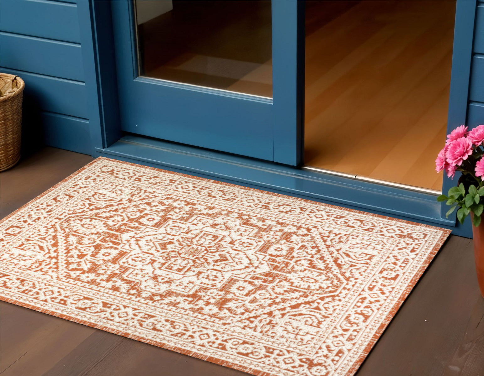 3' X 5' Orange And Cream Medallion Indoor Outdoor Area Rug - Sports & Outdoor