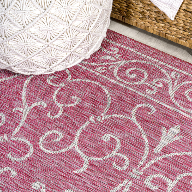 Fuchsia runner rug with light gray scrolling medallion motifs