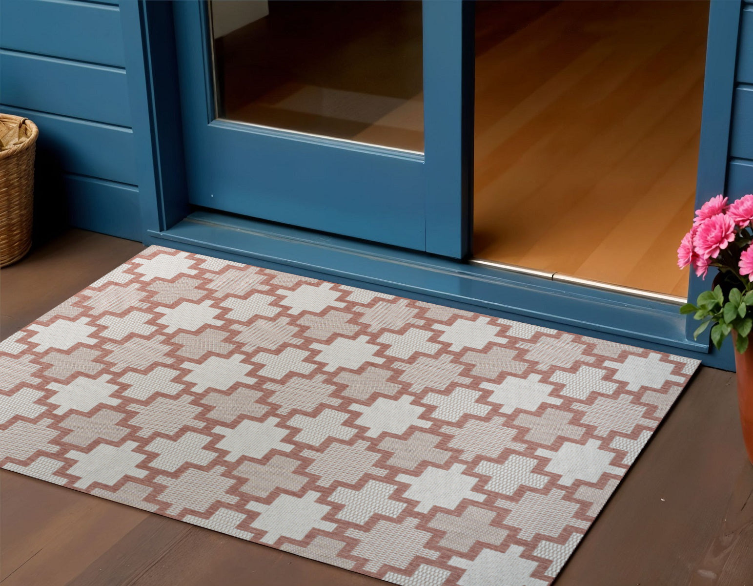 3' X 5' Salmon And Cream Trellis Indoor Outdoor Area Rug - Sports & Outdoor