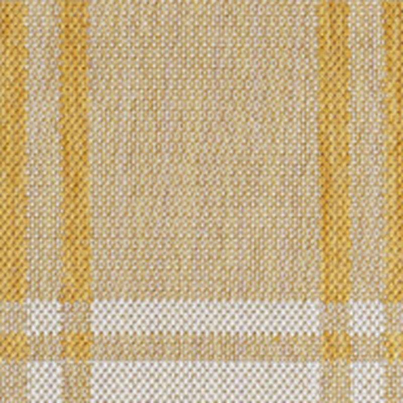 Close-up of yellow and cream gingham rug weave with white and gold plaid lines.