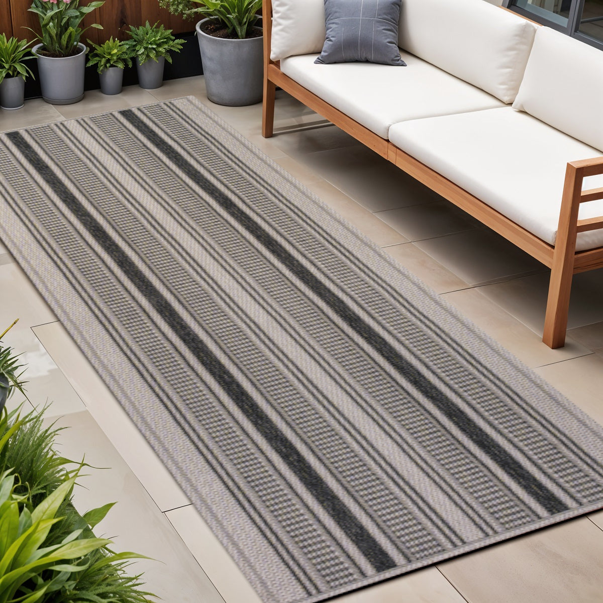 8' Black And Beige Striped Indoor Outdoor Runner Rug - Sports & Outdoor