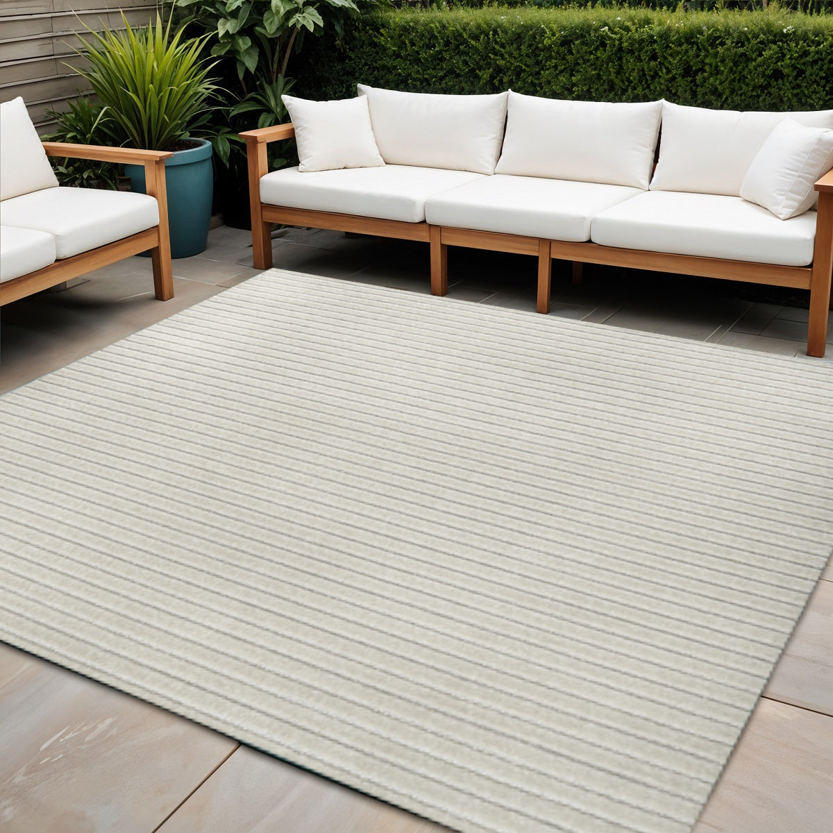 Ivory and cream square outdoor rug with fine horizontal stripes