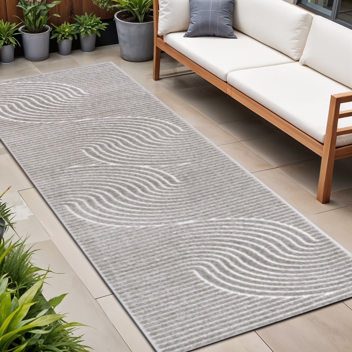 10' Gray And Ivory Striped Indoor Outdoor Runner Rug - Sports & Outdoor