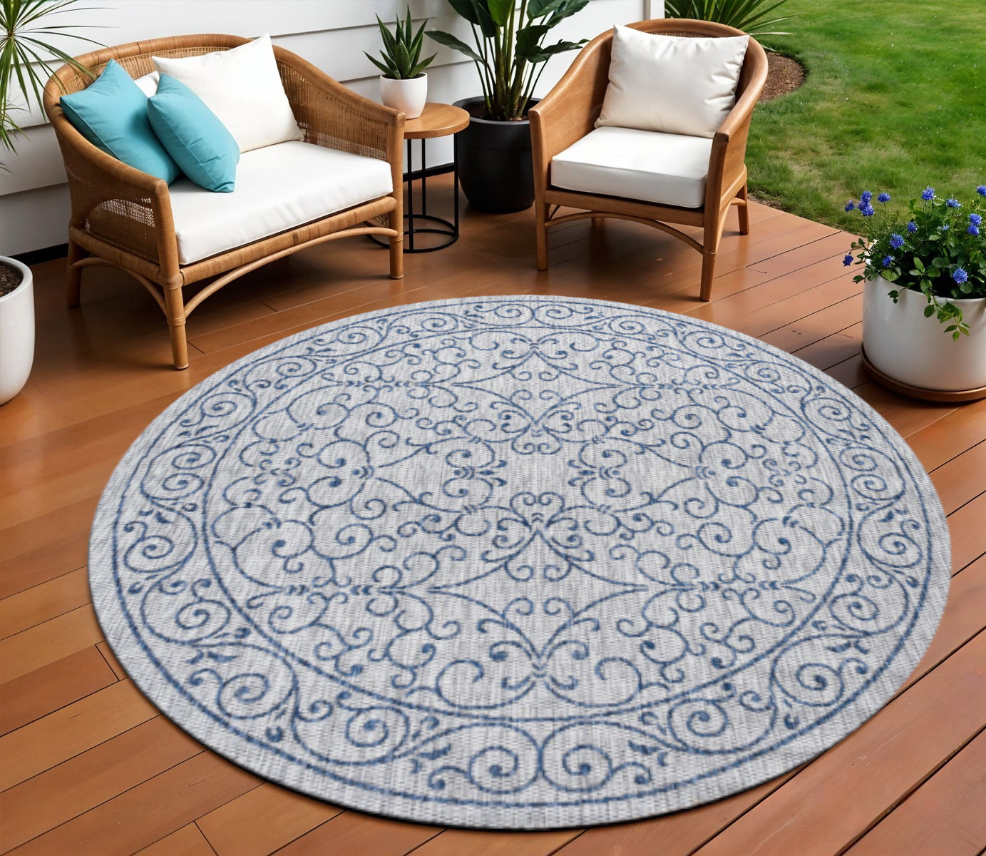 8' Gray And Navy Blue Round Medallion Indoor Outdoor Area Rug - Sports & Outdoor