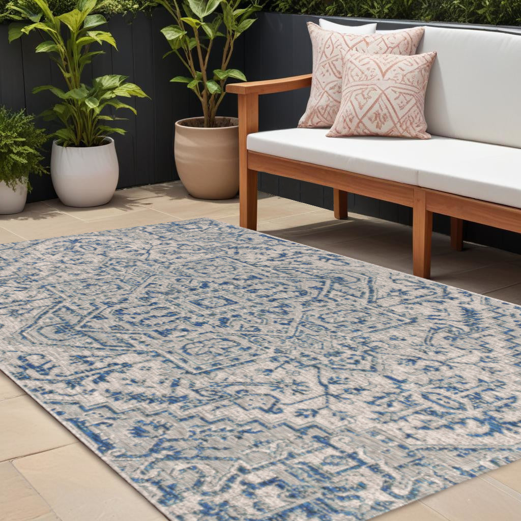Blue and gray medallion patterned indoor outdoor area rug, 6x9 feet