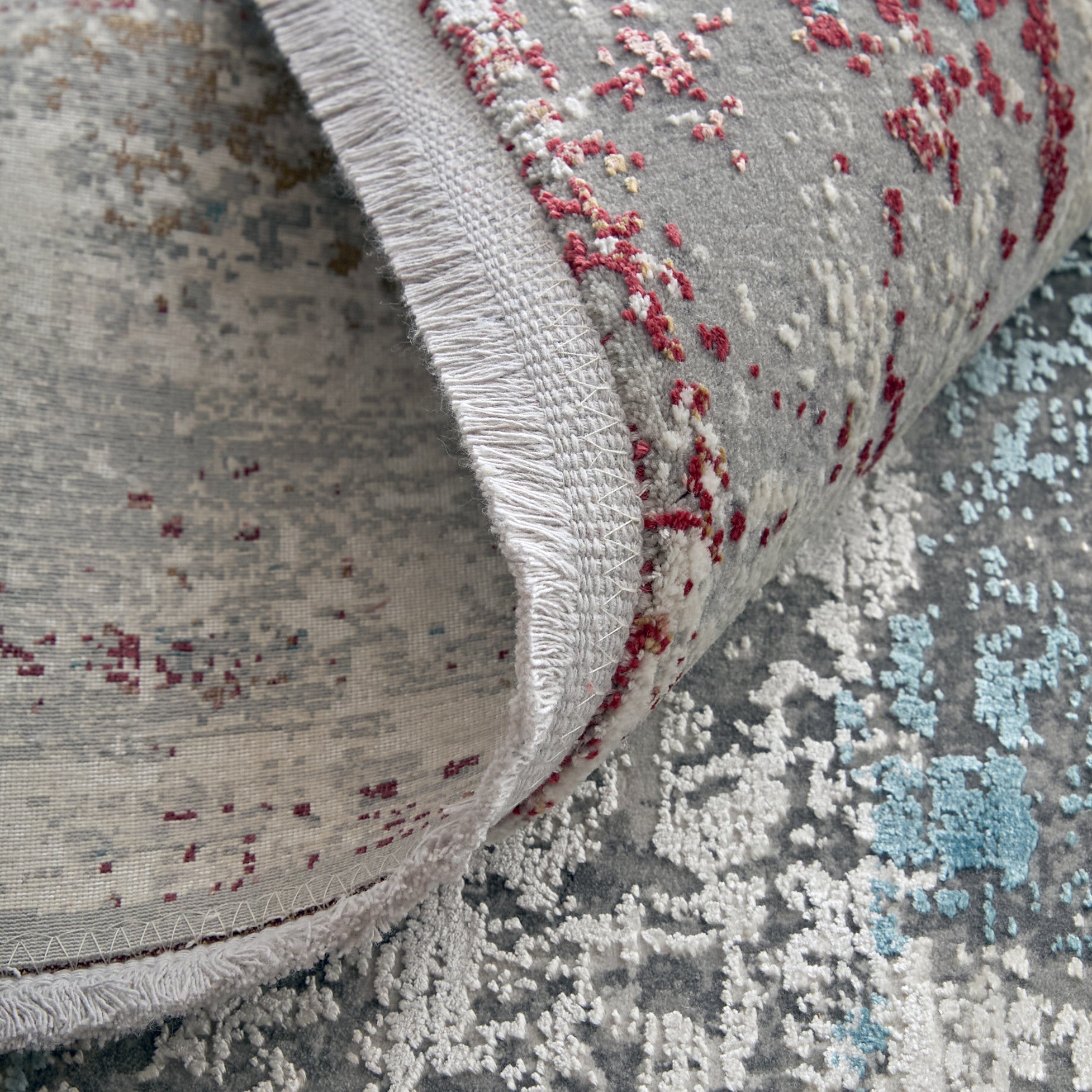 10' Gray Blue and Red Abstract Power Loom Runner Rug With Fringe - Home & Garden