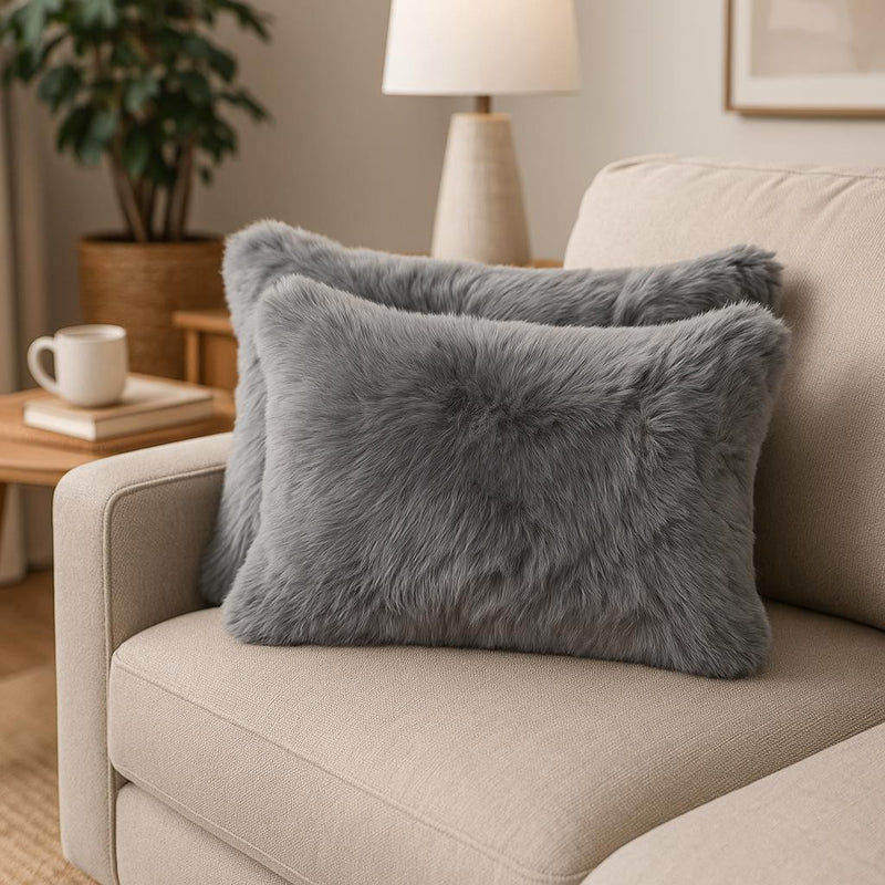 12" X 20" X 5" Gray Sheepskin  Pillow 2 Pack - Home Decor